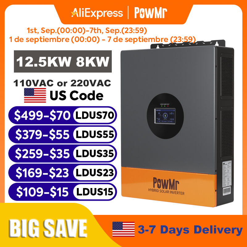Drone Solar Charger - PowMr 12.5KW 8KW 分割相インバーター 110Vまたは220V ハイブリッドソーラーインバーター